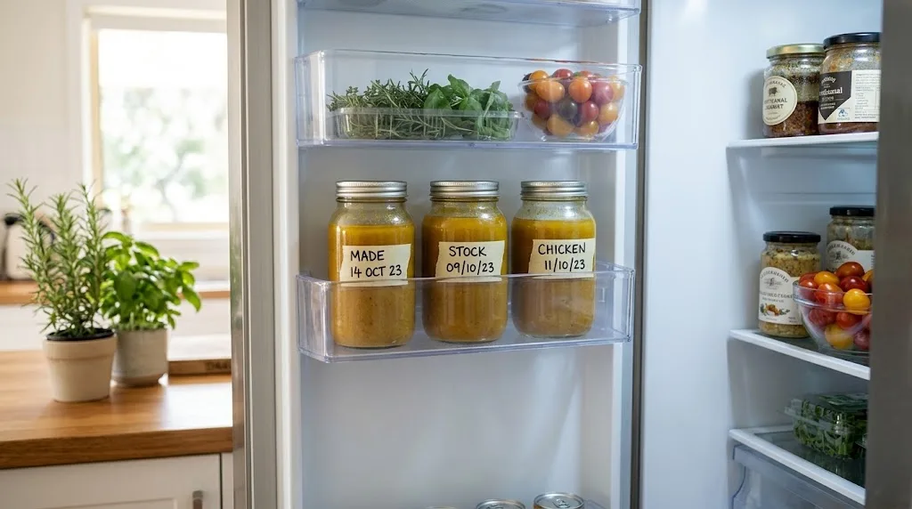 Chicken stock stored in the fridge Containers of homemade chicken stock labelled with dates on a fridge shelf