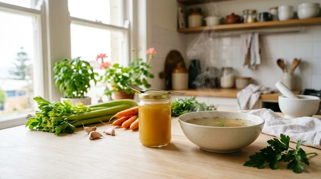 Gluten free chicken stock concentrate Jar of gluten free chicken stock concentrate next to a bowl of clear chicken broth and fresh vegetables