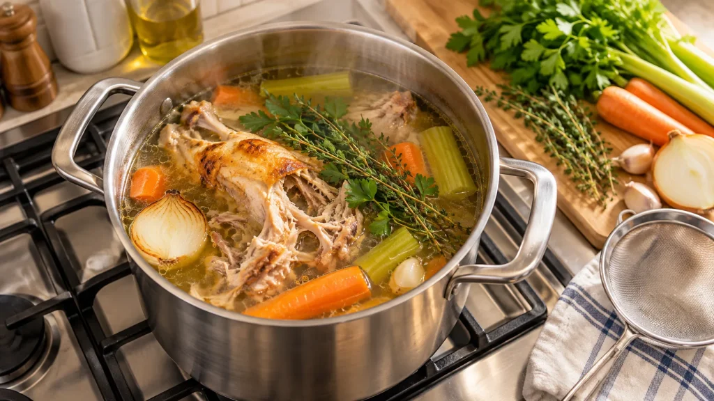 Homemade gluten free chicken stock simmering with a chicken carcass, vegetables and fresh herbs