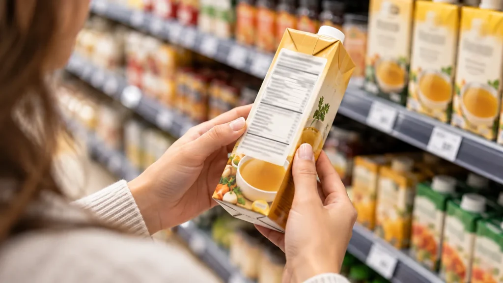 Shopper reading the allergen statement on a packaged stock label to check for gluten