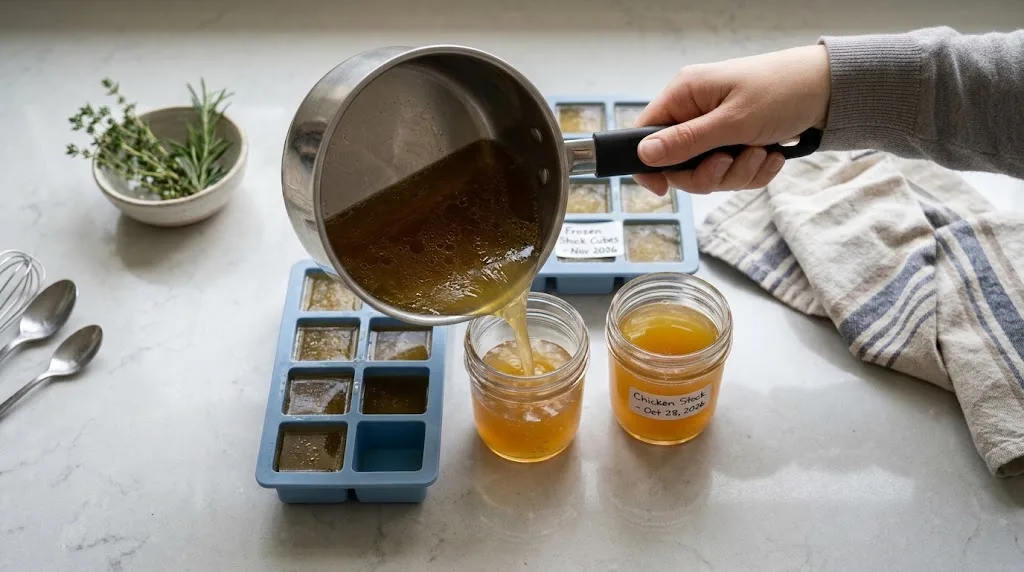 Chicken stock being portioned into an ice cube tray and small jars for storage